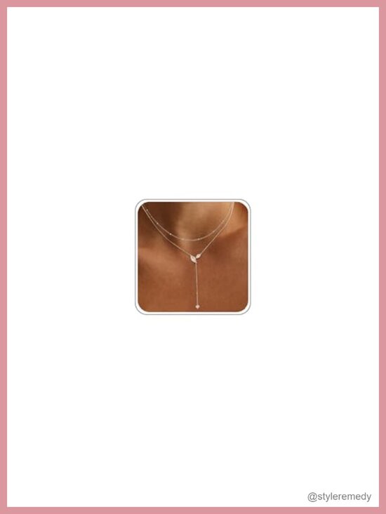 Jewelry - Dainty Layered Y-Shaped Lariat Necklace 14K Gold Plated Brass Crystal CZ Drop